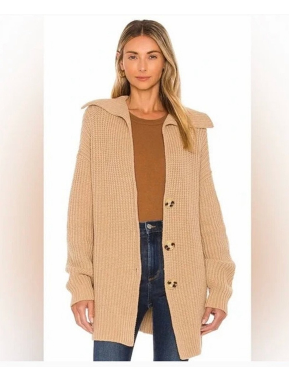 Free People Swim Too Deep Oversized Chunky Knit Cardigan Tan Size M